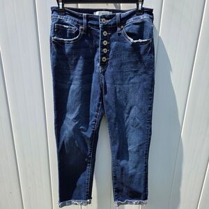 KanCan Jeans  Button Fly High Rise Ankle Cut Dark Wash Blue Skinny Raw Hem 30